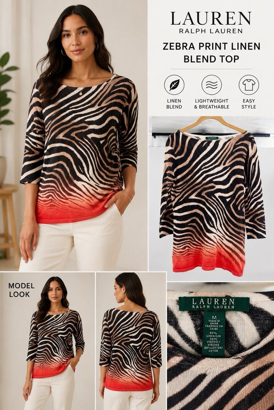 Lauren Ralph Lauren Zebra Print Linen Blend Top Women’s Medium 3/4 Sleeve